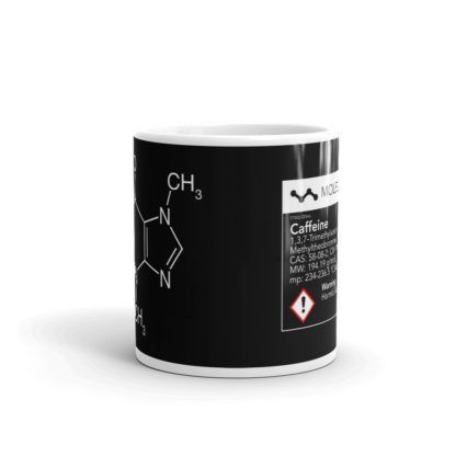 Black caffeine molecule mug with a chemical label with information about caffeine