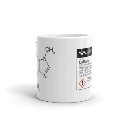 Caffeine molecule mug with a label with chemical information