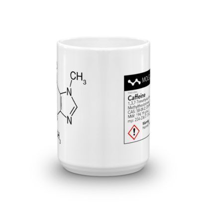Caffeine molecule mug with a molecule on one, and a chemical label on the other side