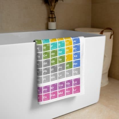 Periodic table towel hanging over a bath tub