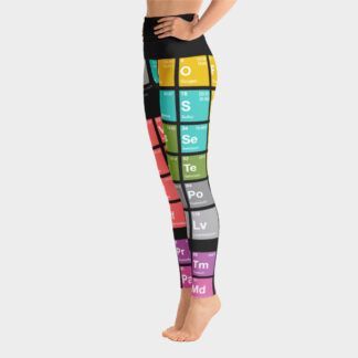 Female model wearing yoga leggings with element of the periodic table