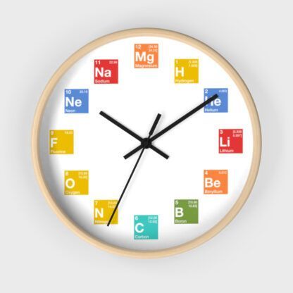 A wall clock with elements from the periodic table as hours with black hands and wooden frame