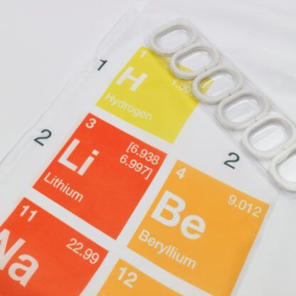Detail of a periodic table shower curtain with hooks