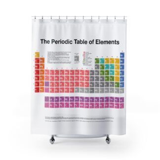 Periodic table of elements shower curtain hanging over a bath tub
