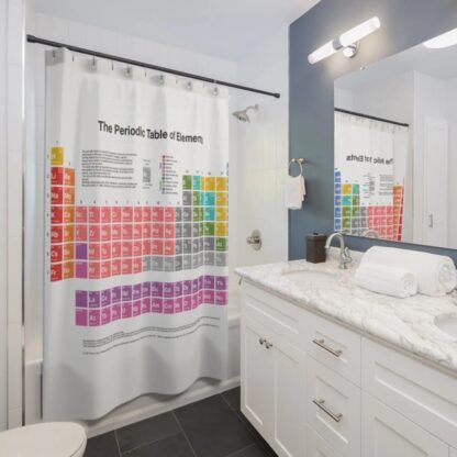 A bathroom with a periodic table shower curtain