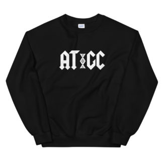 Black sweatshirt with a print that reads AT GC with a stylized DNA in-between AT and GC