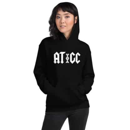 Female model wearing a black hoodie with a logo that says AT / GC with a stylized DNA