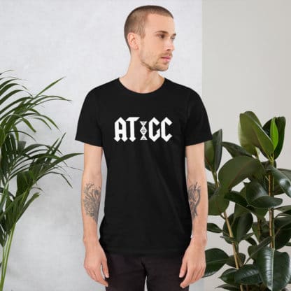 Male model wearing a DNA AT/GC t-shirt inspired by AC/DC