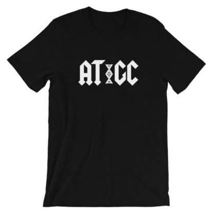 Black t-shirt with a print that reads AT/GC with a stylized DNA in-between AT and GC