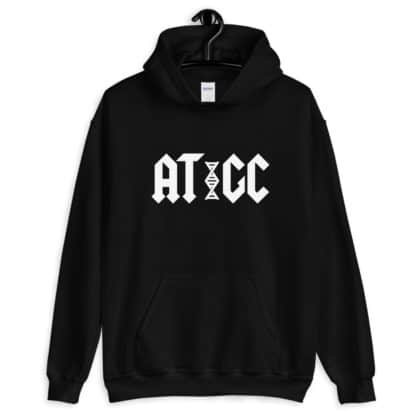 Black hoodie with a logo that says AT / GC with a stylized DNA in-between the AT and GC