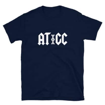 Navy t-shirt with a print that reads AT GC with a stylized DNA in-between AT and GC