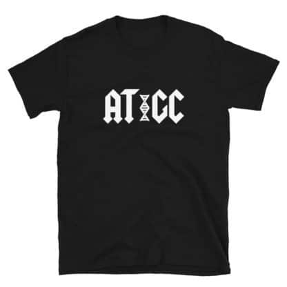 Black t-shirt with a print that reads AT GC with a stylized DNA in-between AT and GC