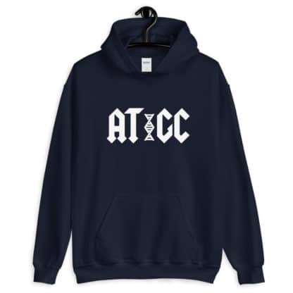 Navy hoodie with a print that reads AT GC with a stylized DNA in-between AT and GC