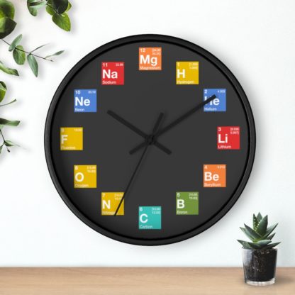 A wall clock with elements from the periodic table as hours with black hands and black frame