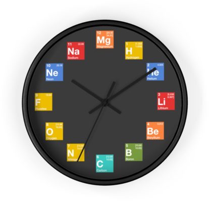 A wall clock with elements from the periodic table as hours with black hands and black frame