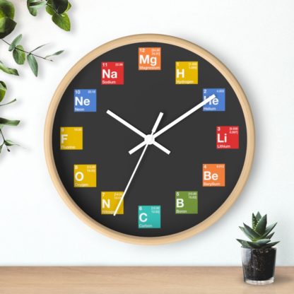 A wall clock with elements from the periodic table as hours