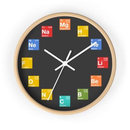 A wall clock with elements from the periodic table as hours