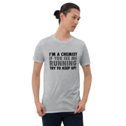 Running chemist science joke t-shirt heather model