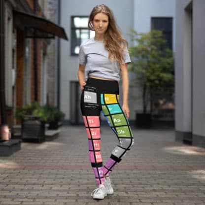 Woman wearing periodic table leggings