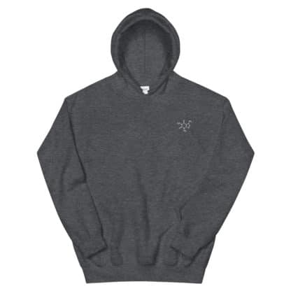 Dark heather hoodie embroidered with a caffeine molecule