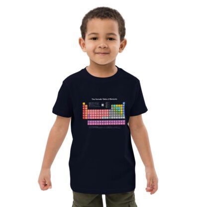 Kid wearing a navy t-shirt with a periodic table print