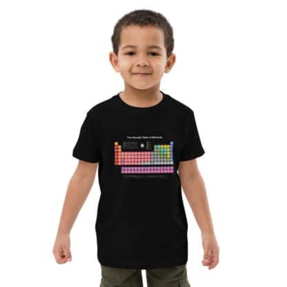 Kid wearing a black t-shirt with a periodic table print