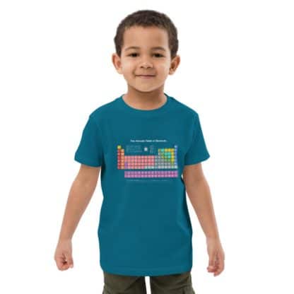 Toddler wearing a blue periodic table t-shirt