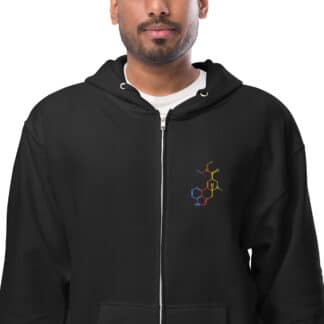 Colorful LSD molecule zip hoodie worn by a model
