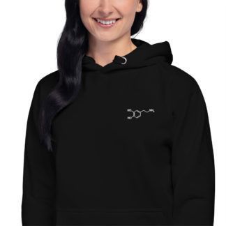 Model wearing a black hoodie with an embroidered dopamine molecule
