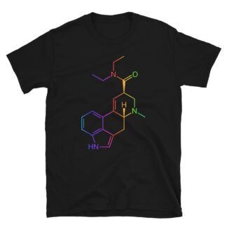 Black t-shirt with a colorful LSD molecule print