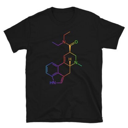 Black t-shirt with a colorful LSD molecule print