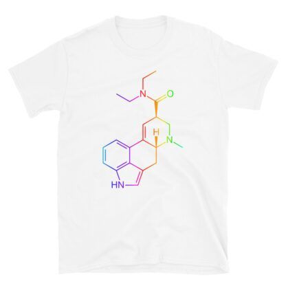 rainbow-colored LSD molecule t-shirt sports white