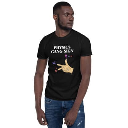 Male model wearing a t-shirt with a print that says PHYSICS GANG SIGN and has a hand in the right-hand rule configuration with the arrows and labels for the cross products