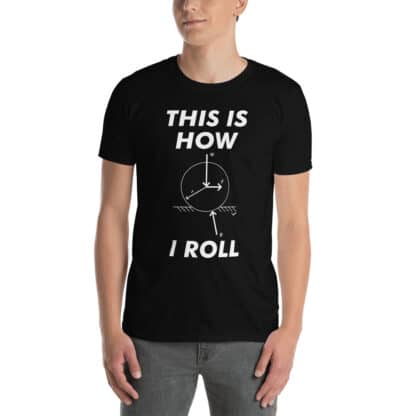 Male model wearing a black t-shirt with a print that says THIS IS HOW I ROLL with a rolling resistance diagram