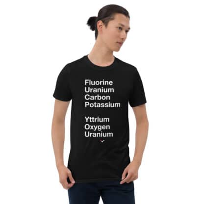 Male wearing a element words t-shirt spelling FUCK YOU