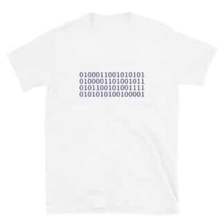 White t-shirt with blue binary code which translates to FUCK YOU!